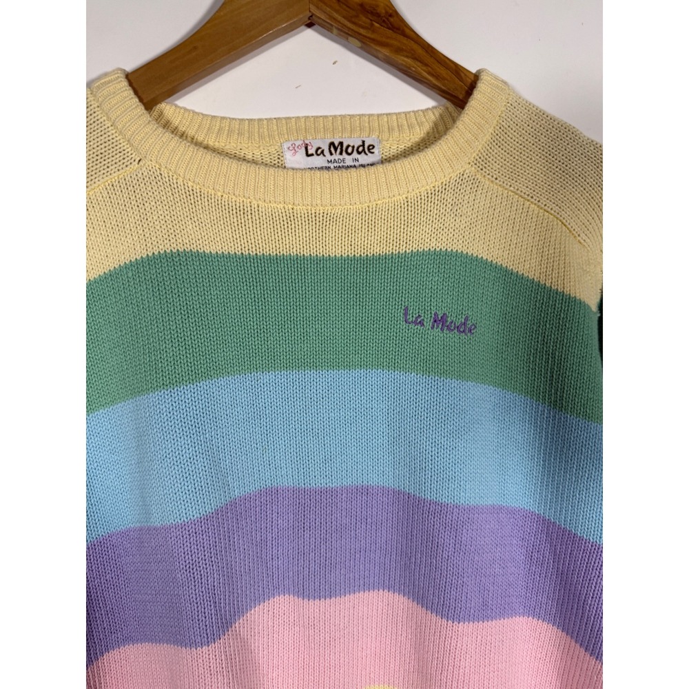 La Mode Vintage Pastel Rainbow Stripe Cotton Knit Crewneck Sweater Womens Small